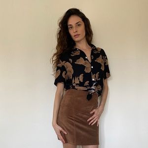 Vintage Fan Pattern Button Black Short Sleeve Shirt - Small